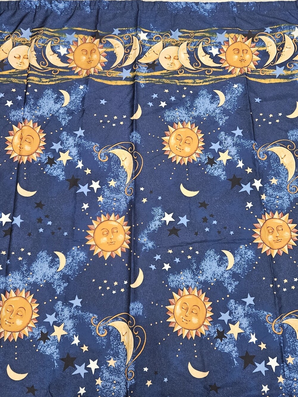 VTG 90s Celestial Sun Moon & Stars Shower Curtain Midnight Blue Gold Boho Taiwan
